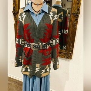 Southwestern Aztec Indian Blanket print Western Rodeo Cardigan Tribal Sz L